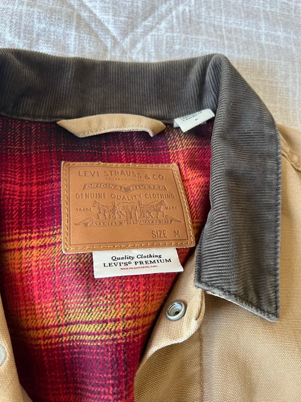 Levi's Tan Canvas Jacket with Black Corduroy Collar and Red Plaid Lining